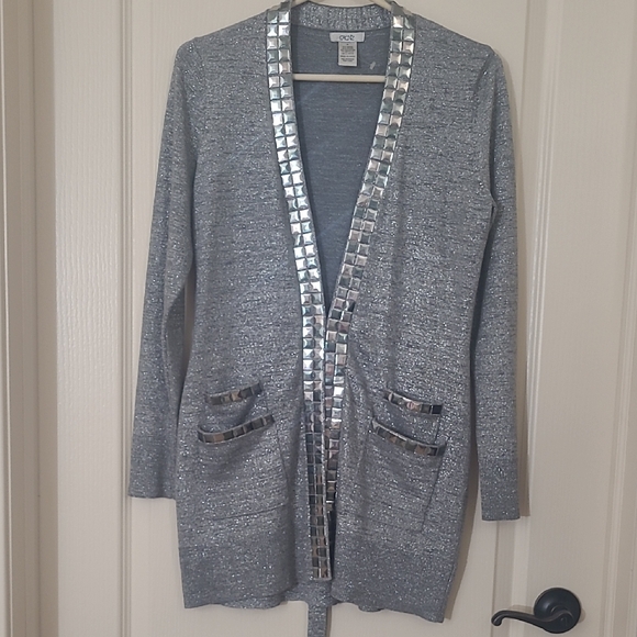 Cache Sweaters - CACHE Shimmering Gray Cardigan with Metallic Accents Size M
